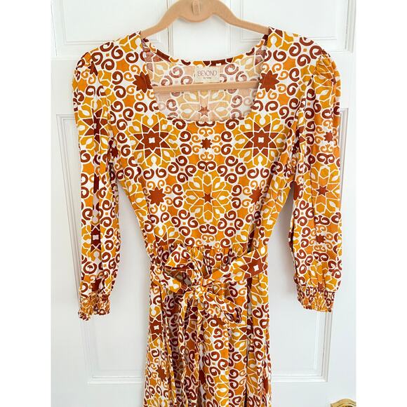 Beyond by Vera Rust Pietra Dura Block Print Midi Cotton Fall Tie Waist Dress - Picture 6 of 12